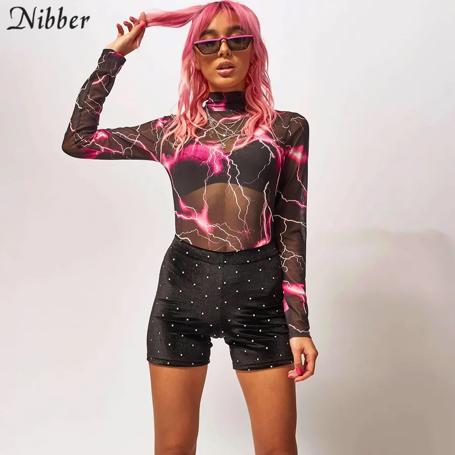 Nibber spring Mesh print Elastic Slim full sleeve bodysuits2019fashion Basic ladies High street casual wear Soft Casual bodysuit