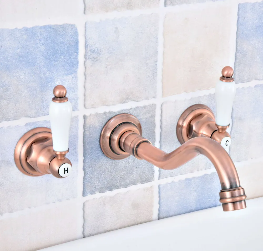 

Antique Red Copper Brass Widespread Wall-Mounted Tub 3 Holes Dual Ceramic Handles Bathroom Tub Sink Faucet Mixer Tap asf525