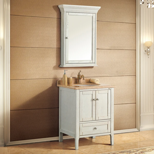 

antique white and ashtree solid wood cabinet and mirror, Oman beige marble, single hole and single basin bathroom vanities