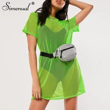 Simenual, неоновые цвета, ажурные платья больших размеров, женское летнее платье с коротким рукавом, Сетчатое повседневное прозрачное модное платье