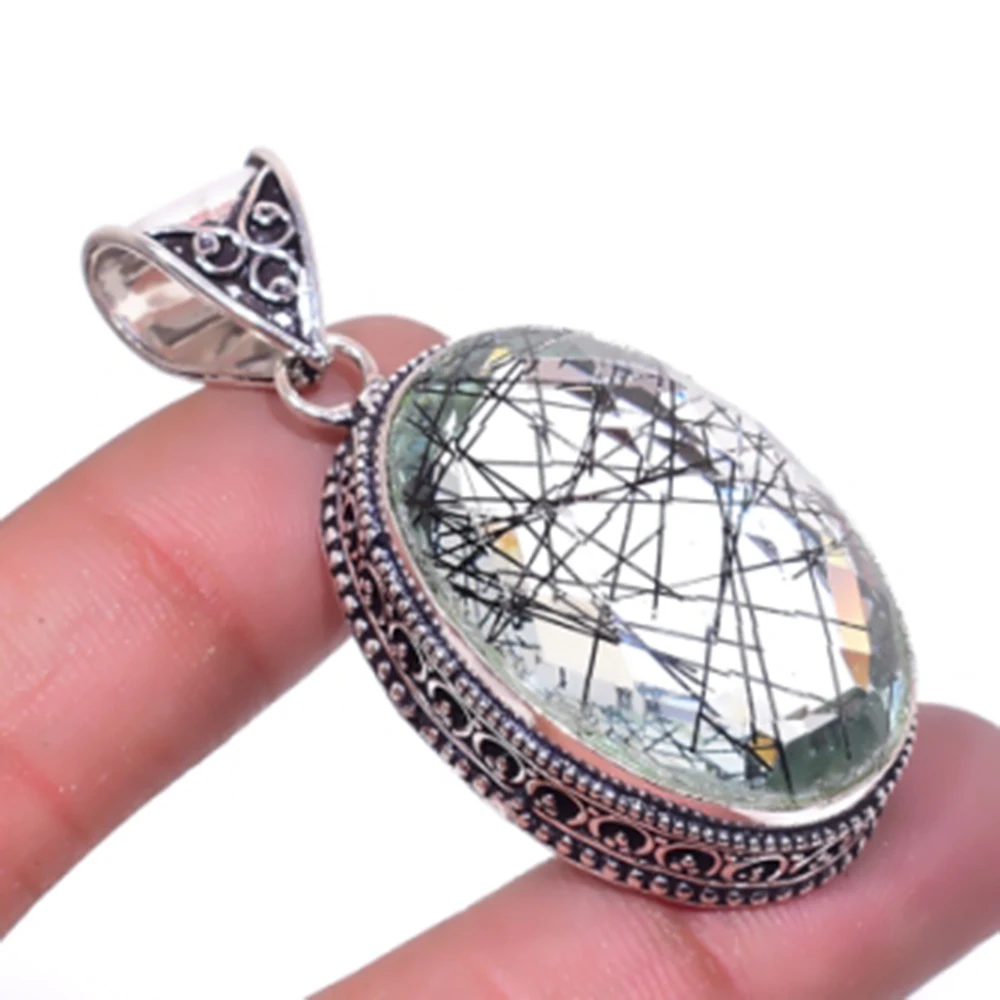 

Black Rutiles Pendant Silver Overlay over Copper, USA Size 50mm , P6472