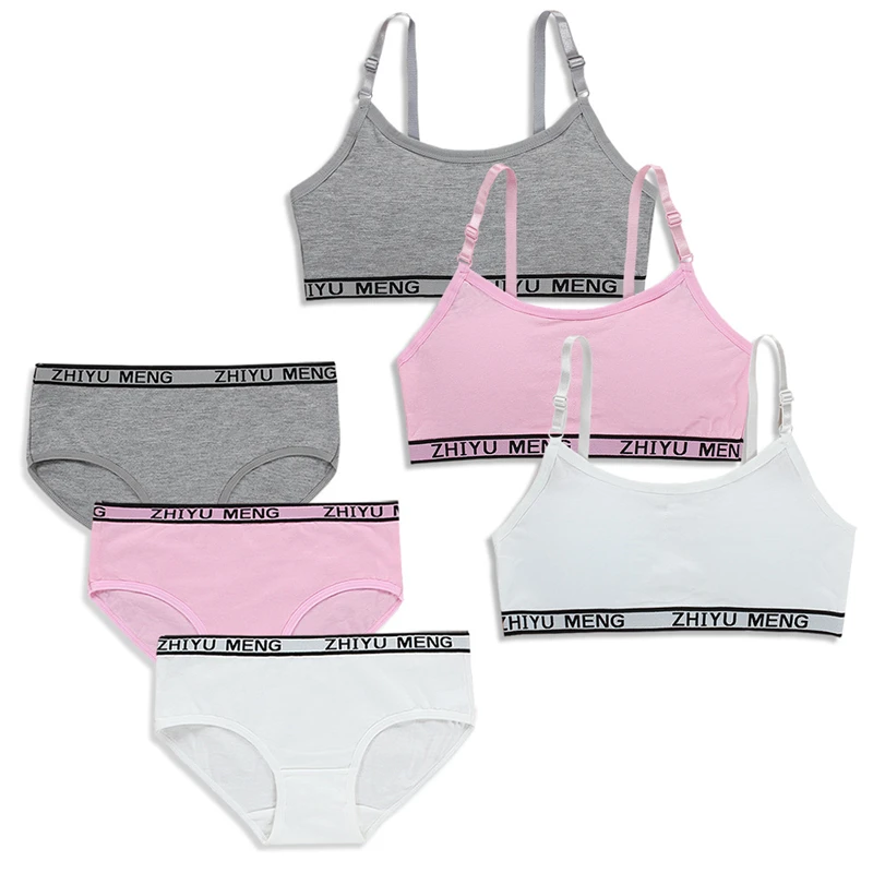 Young Girls bra And Panties Sets Cotton Teenagers Girls Lingerie+ Free Size Underwear Kids Puberty Training Bra Vest Panties 14Y