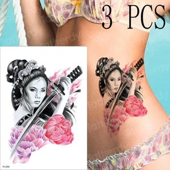 

3pcs/lot japanese samurai tattoos women geisha tattoo sticker peony flower sexy girls arm body make up tattoos halloween gifts
