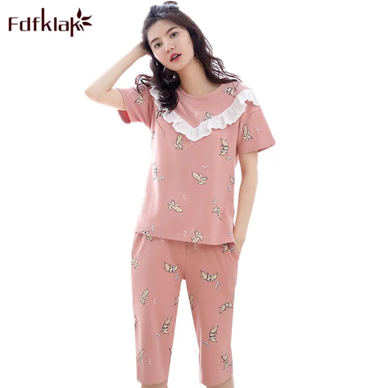 Fdfklak Cute Cotton Pajamas for Women Short Sleeve Summer Pyjamas Women ...