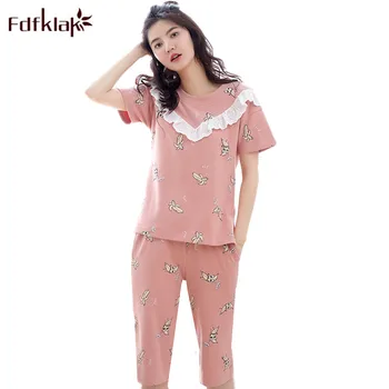 

Fdfklak Cute Cotton Pajamas for Women Short Sleeve Summer Pyjamas Women Casual Pijama Sleepwear Home Clothes Pyjama Femme