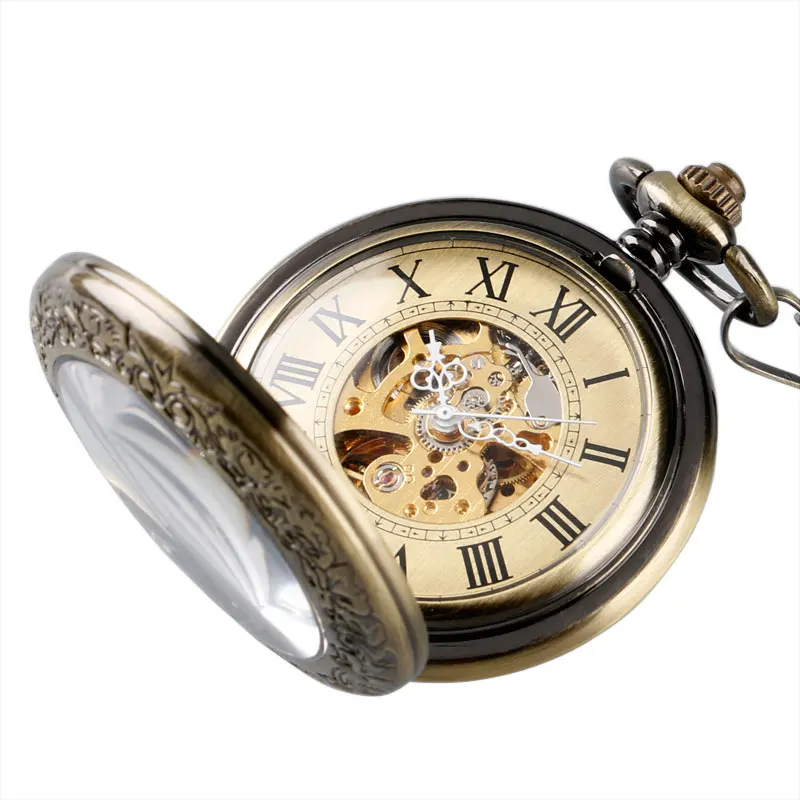 Luxury Bronze Roman Numerals Automatic Mechanical Pocket Watch Men Women Carving Retro Transparent Glass Cover Chain Gift pocket watch