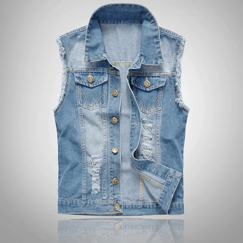 

Fashion Men Denim Vest Sleeveless Washed Jeans Waistcoat Ripped Jacket Tops Plus Size 6XL H9