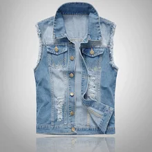 Fashion Men Denim Vest Sleeveless Washed Jeans Waistcoat Ripped Jacket Tops Plus Size 6XL H9