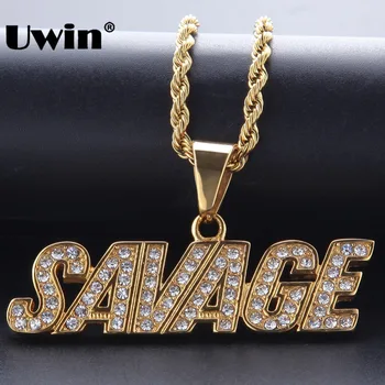 

Uwin Drop Shipping Gold Color Stainless Steel SAVAGE Pendant Top Quality Fashion Hiphop Necklace Jewelry With Free Rope Chain