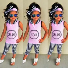 Новинка года; повседневный комплект из 2 предметов; толстовка с капюшоном для маленьких девочек; Топ без рукавов; футболка; длинные штаны; леггинсы в полоску; Детская летняя одежда