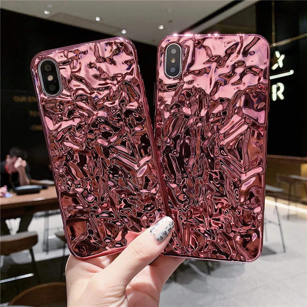 

Luxury Aurora Rose gold phone case for iphone 8 7 6 6S X Xs max XR Wrinkle Paper grain Fashion laser Anti-fall back soft cover