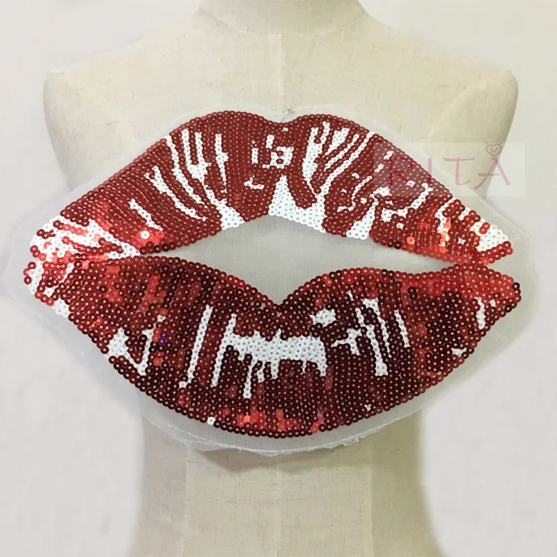 

1Pc 28*22cm Sequins Large Red Lip Patch No Glue Embroidery / Applique Water-soluble Cloth Hand Sewn Patch Sewing Accessory DIY