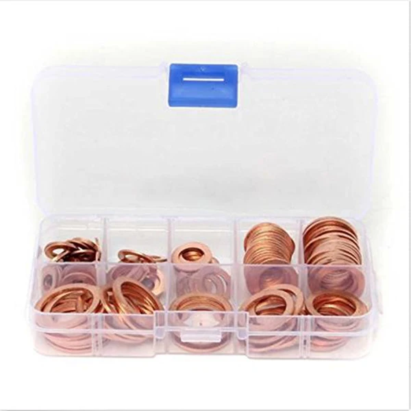 

120Pcs 8 Sizes Oil Seal Sheet Gaskets Assorted Solid Copper Crush Washers Seal Assortment Car Repair Tools with box for Hardware