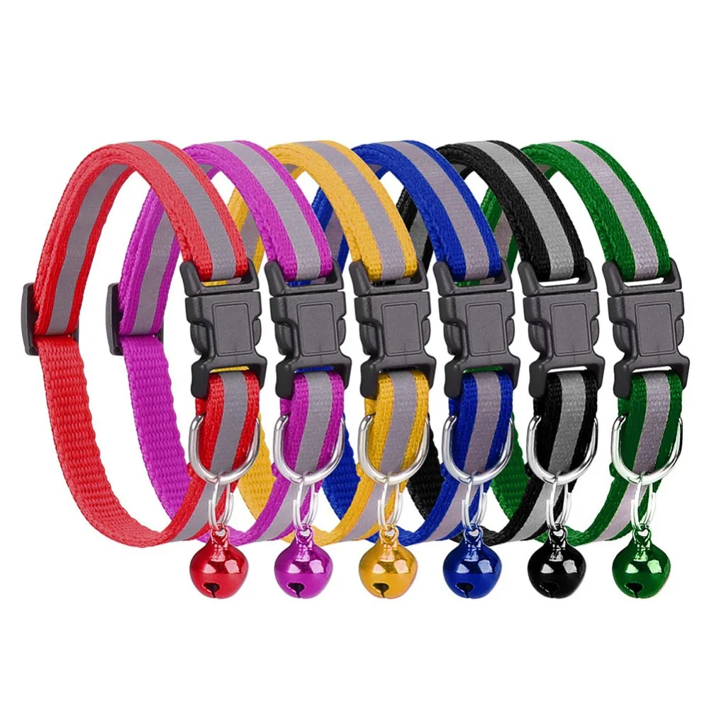 6Pc Pet Glossy Reflective Adjustable Nylon Puppy Collars Bell Neck