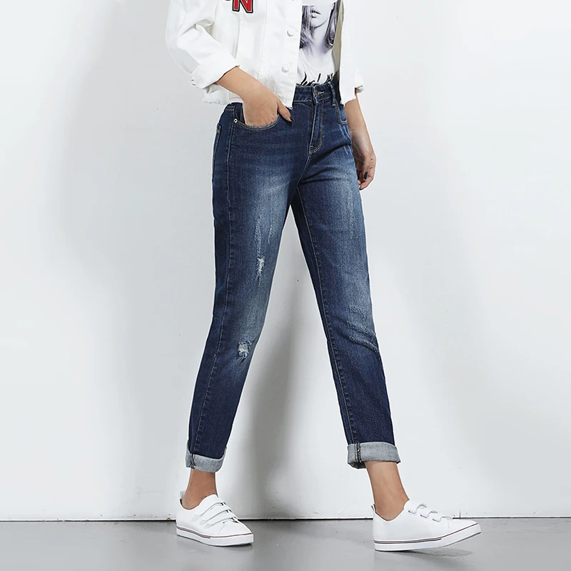 Женские прямые джинсы стрейч LEIJIJEANS рваные синие повседневные полной длины со