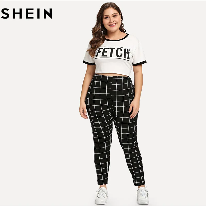 SHEIN черно белые клетчатые женские леггинсы размера плюс со средней талией осенне
