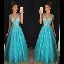 Сексуальный бирюзовый длинный тюлевый Выпускной платья глубокий v-образный вырез полностью вышитое бисером кристаллы сверкающие подростковые вечерние платья vestido de festa