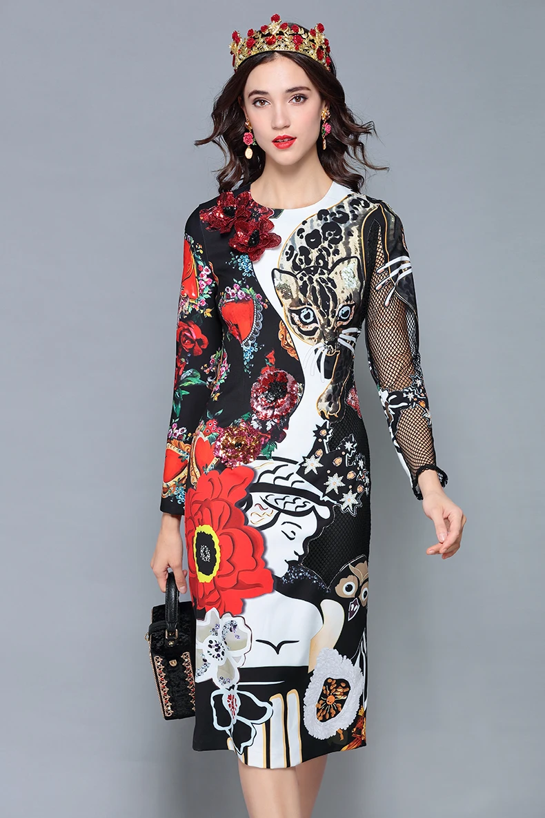 Женское платье с цветком и кошкой LD LINDA DELLA, осеннее черное платье с аппликациями, платье средней длины с принтом