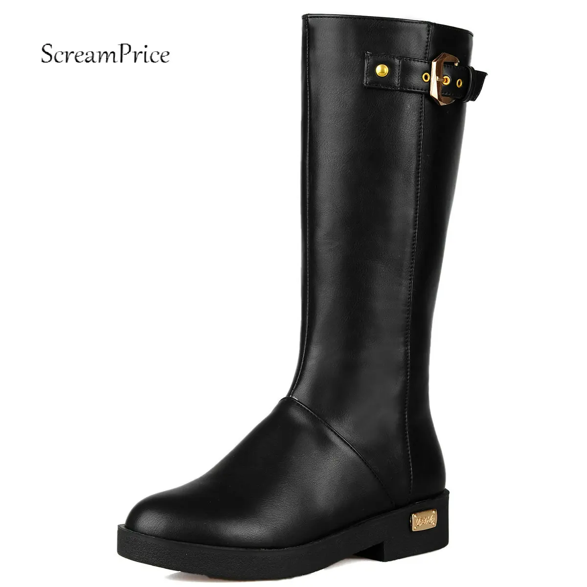 

Women Flat Boots Zipper Round Toe Fashion Knee High Boots PU Leather Autumn Winter Ladies Shoes Black Brown Plus Size 2018 New