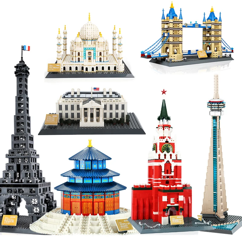 

City Architecture Landmarks Taj Mahal Eiffel Tower Big Ben Bridge Paris London Moscow Building Blocks Kid Toy