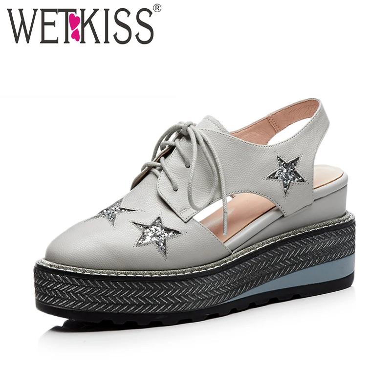 

WETKISS Summer Fashion Women Sandals Wedges Genuine Leather Lace Up Platform Footwear New Casual High Heels Female Insert Shoes