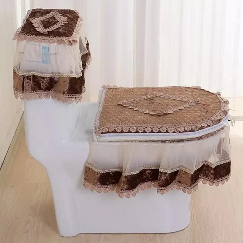 3pcs Set Toilet Seat Cover Lace Zipper Dustproof Overcoat WC Durable Decoration 