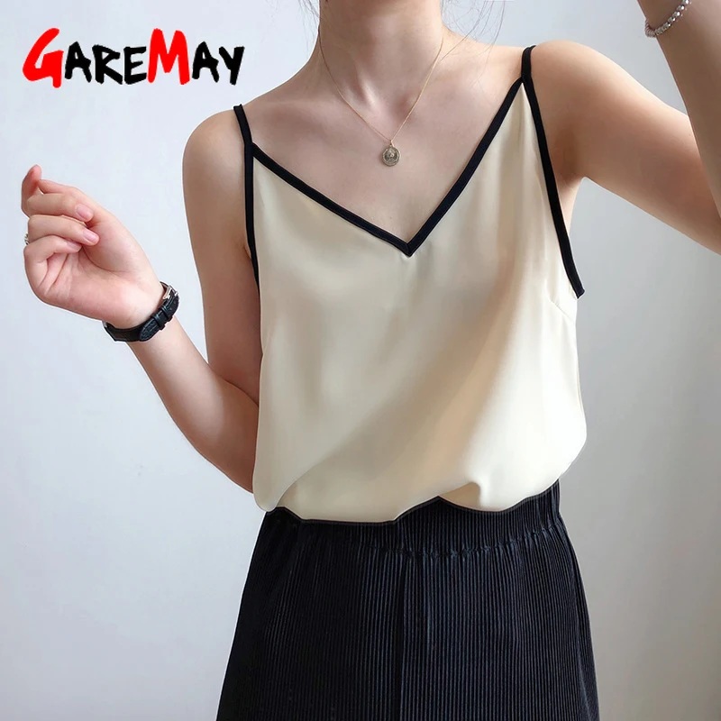 GareMay, женская одежда, летняя майка, топ с v-образным вырезом, модный Шелковый шифон, без рукавов, черный, белый, короткий топ для женщин