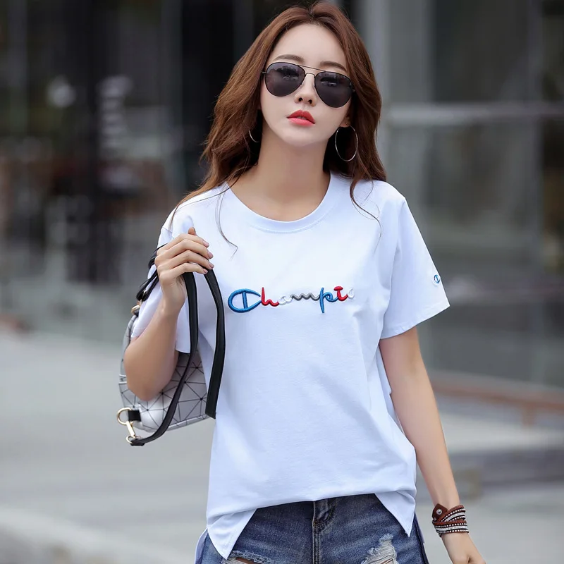 

2019 Summer New T-Shirt For Women Elegant Loose Casual Refreshing Simple Letter Embroidery Short Sleeved Cotton T-Shirt Female