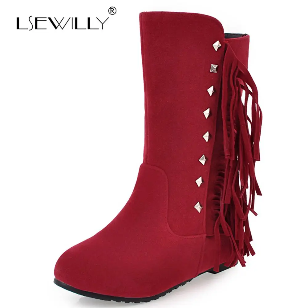 Lsewilly New Spring Women Half Boots Tassel Mid Calf Boots Shoes Woman Increasing Heel Round Toe