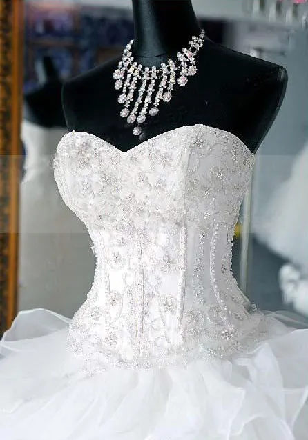 Свадебное белое вечернее платье, милое, с открытыми плечами, из бисера/с кристаллами, с кружевной аппликацией, собора/Королевское пышное свадебное платье со шлейфом