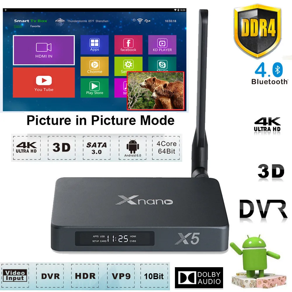 

4K UHD Android 6.0 Quad-Core DDR4 2G 16G Ram Smart TV Box Media Player Support SATA USB 3.0 PIP HDMI In Capture Recorder DVR