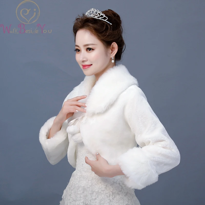 Walk Beside You Faux Fur Shawl Long Sleeve Ivory Wedding Party Bolero with Ribbon Bride Cape coprispalle donna Women Wrap Estola