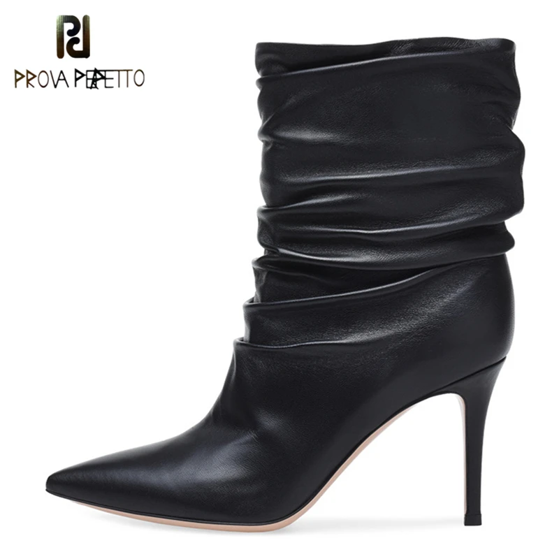 

Prova Perfetto Pleated High Heel Ankle Boots Pointed Toe Sexy Black Shoes 2018 Winter Women Boots 10cm Heels Pumps Botas Size 45