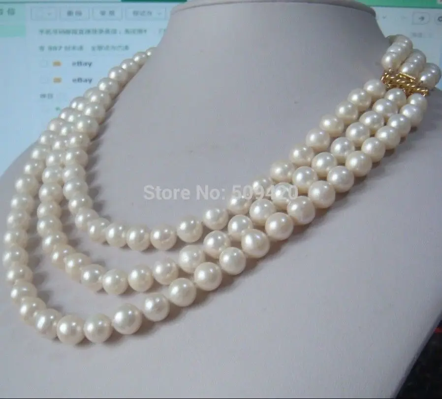 

Shipping 3 row strands natural 9-10mm akoya white pearl necklace 18"19"20" 14K gold clasp (C0309)