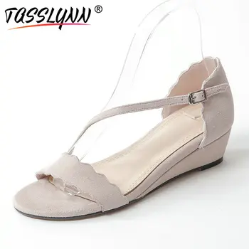 

TASSLYNN 2019 Buckle Woman Sandals Med Heels Summer Women's Shoes Kid Suede PU Wedges Heels Western Style Women Shoes Size 34-41