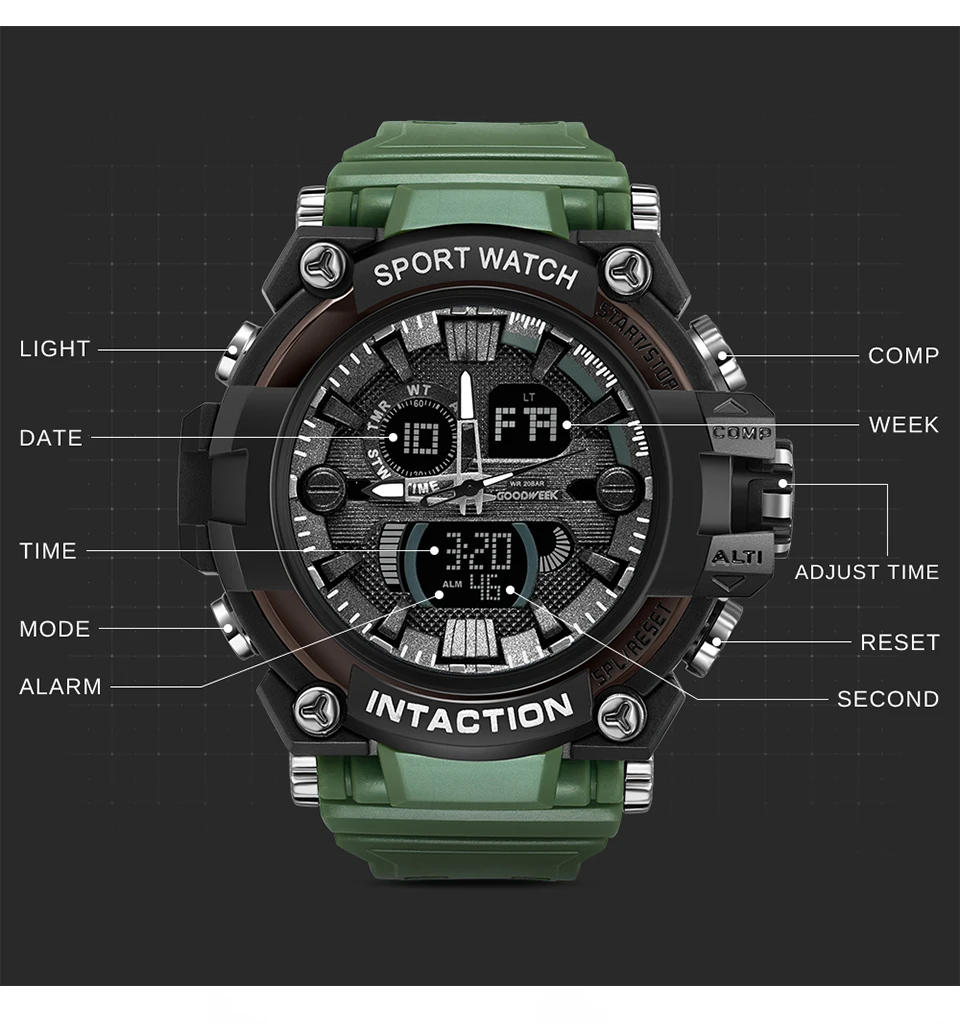 GOODWEEK Luxury Men Sport Watch Waterproof Digital Quartz Watches Men's Multi-functional Dual Display Watches Relogio Masculino