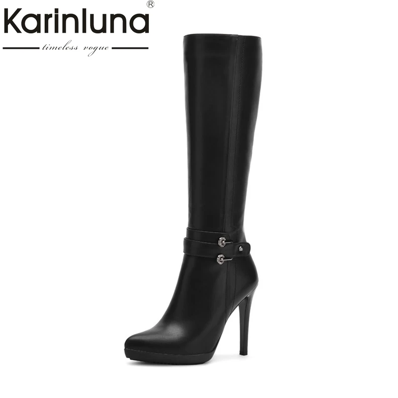 

Karinluna Women's High Heels Pointed Toe Platform Winter Autumn Shoes Woman Zipper Closure Knee Boots Size 34-40
