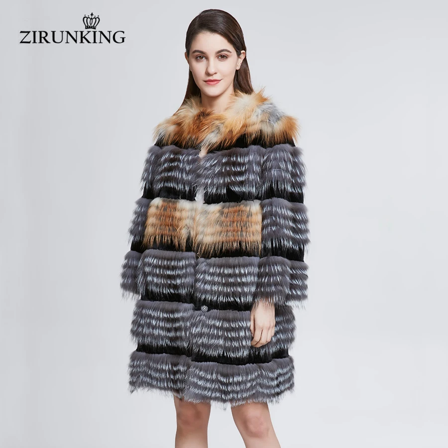 

ZIRUNKING Real Natural Fox Fur with Rabbit Fur Coat for Women Silver Fox Outerwear Lady Real Fur Overcoats Clothing ZC1822
