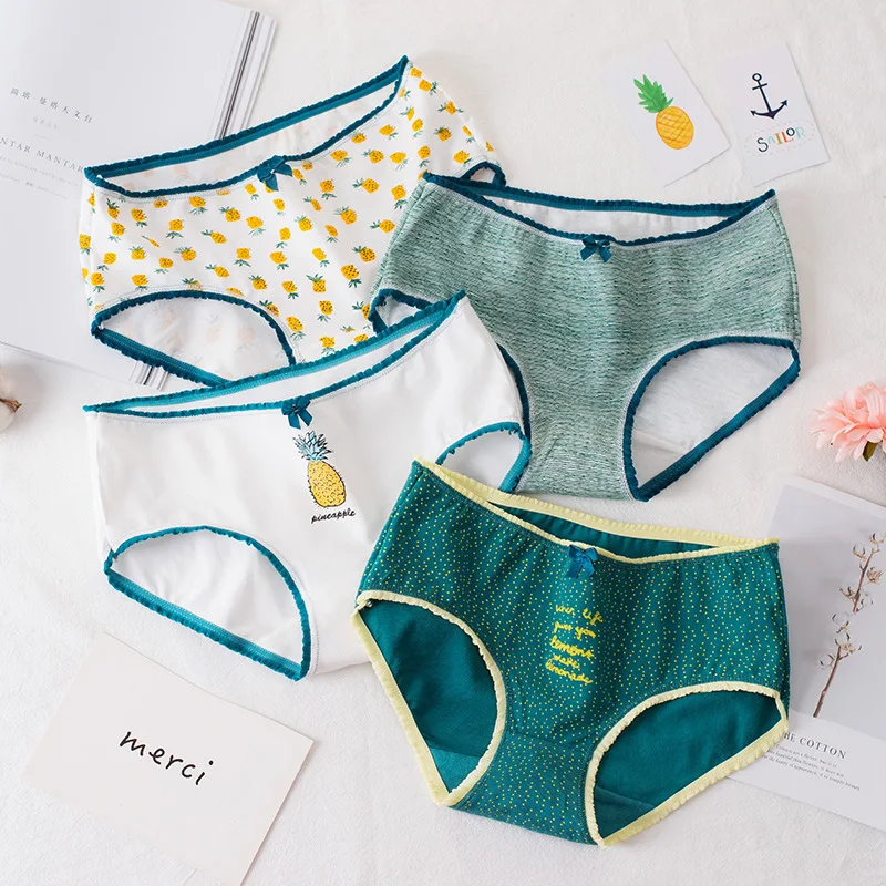 

6pcs Popular style fruit cat series cotton lady underwear printing cute fresh middle waist bow triangular pants women underwear