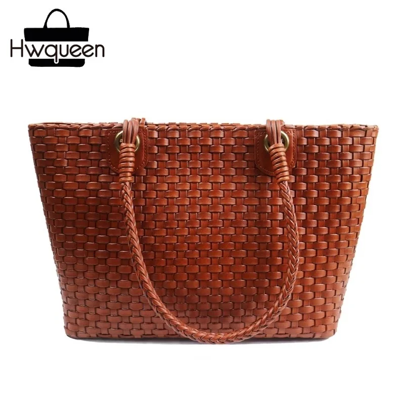 Vintage Knitted Designer Genuine Cow Leather Zipper Closure Lady Totes Bag Handmade Female Top ...