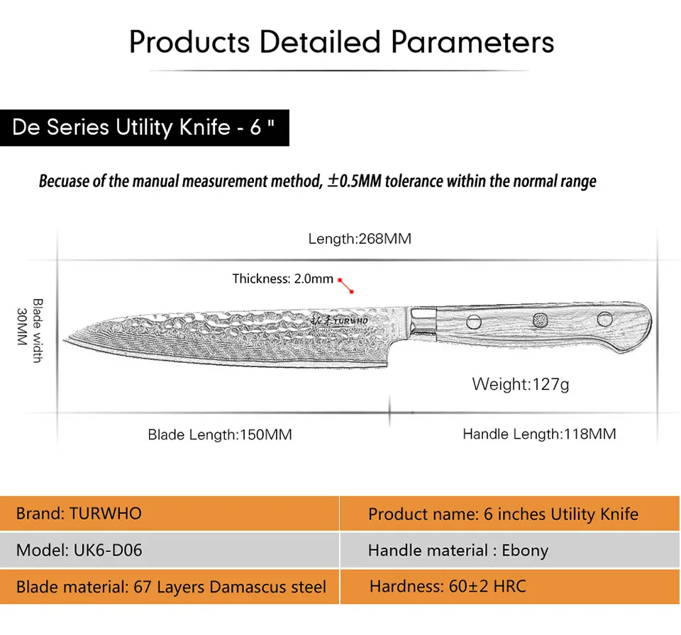 TURWHO 6 дюймов Универсальный нож японский дамасский стальной кухонный нож профессиональный шеф-повар фруктовый пилинг нож для очистки овощей с черной ручкой