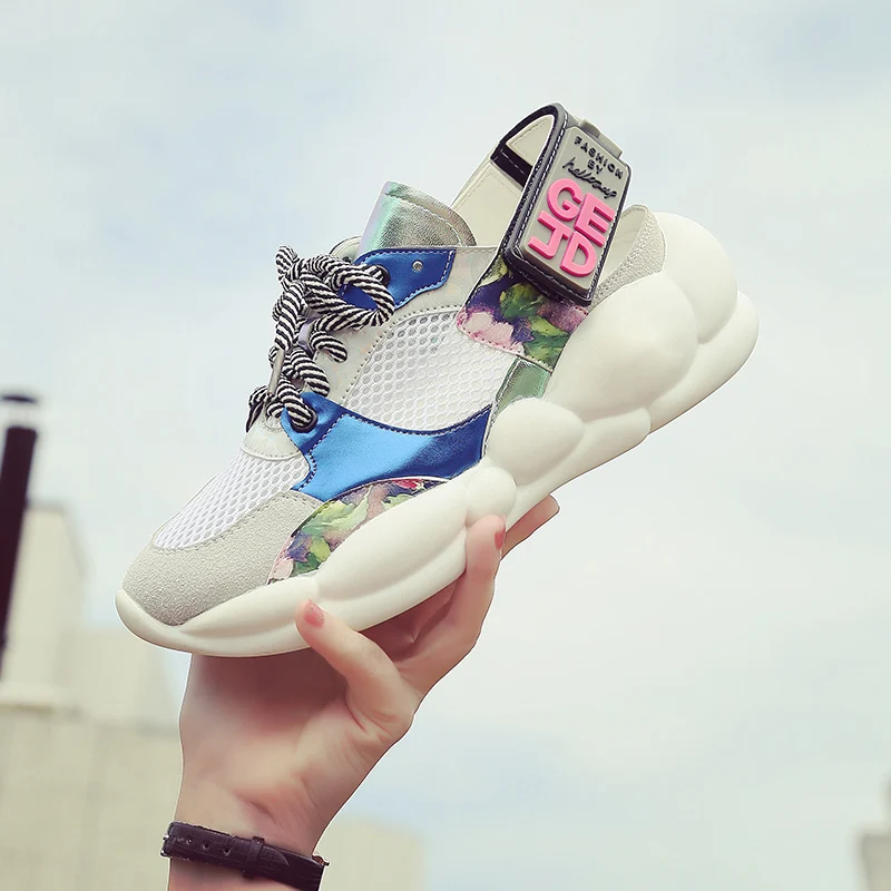 

breathable mesh sneakers women summer casual Shoes 2019 Multi color Thick Sole Balloon Shoes Woman chunky Walking Shoes