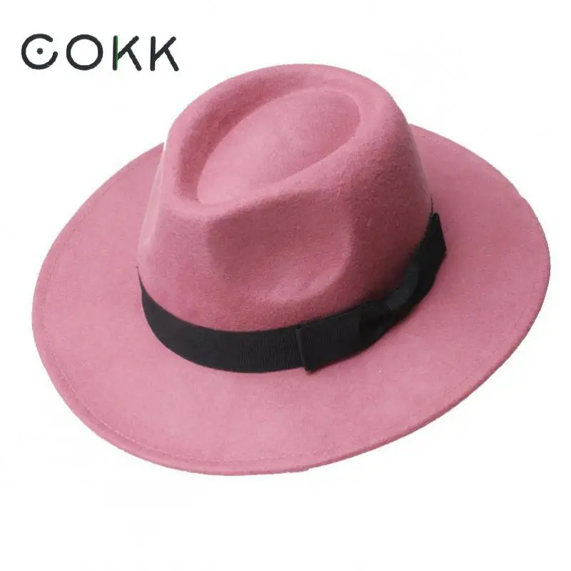 

COKK 100% Wool Fedora Pink Hat Women Autumn Winter Hats For Ladies Top Hat Brand Designer Vintage Hat Chapeau Femme British 2019
