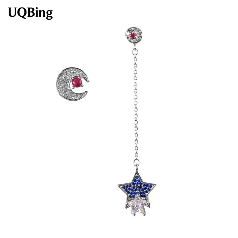 

Free Shipping Fashion 925 Sterling Silver Asymmetric Moon Star Stud Earrings For Women Beautiful Jewelry