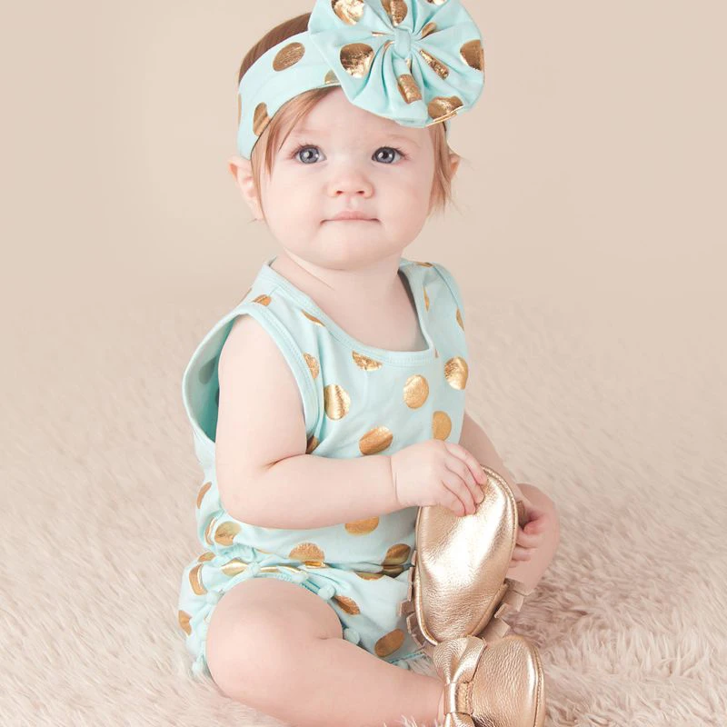 Детский комбинезон в Золотой горошек для новорожденных девочек, комбинезон, повязка на голову с бантом, комплект одежды из 2 предметов, пляжный костюм