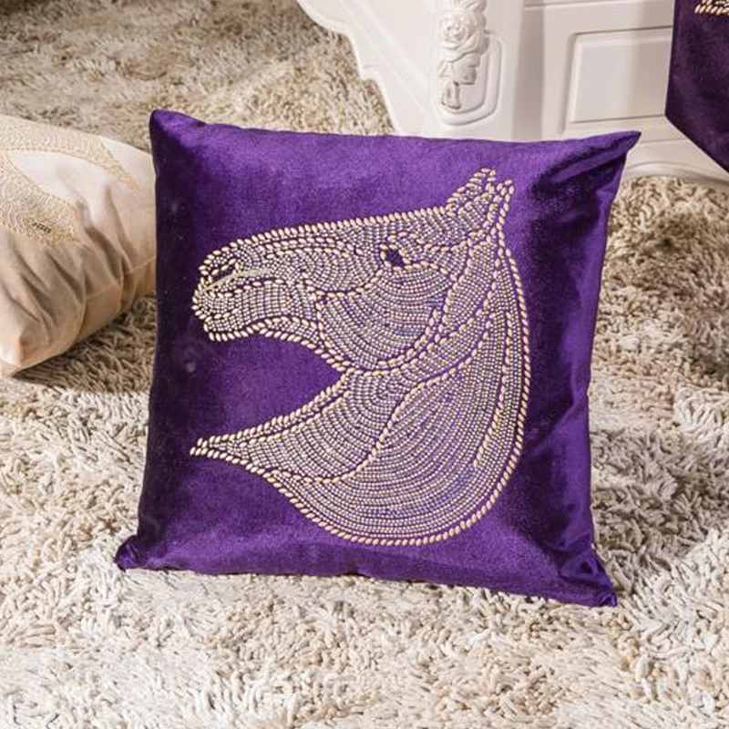 European Cushion Cover Luxury Horse Pattern Velvet Rhinestone Pillow