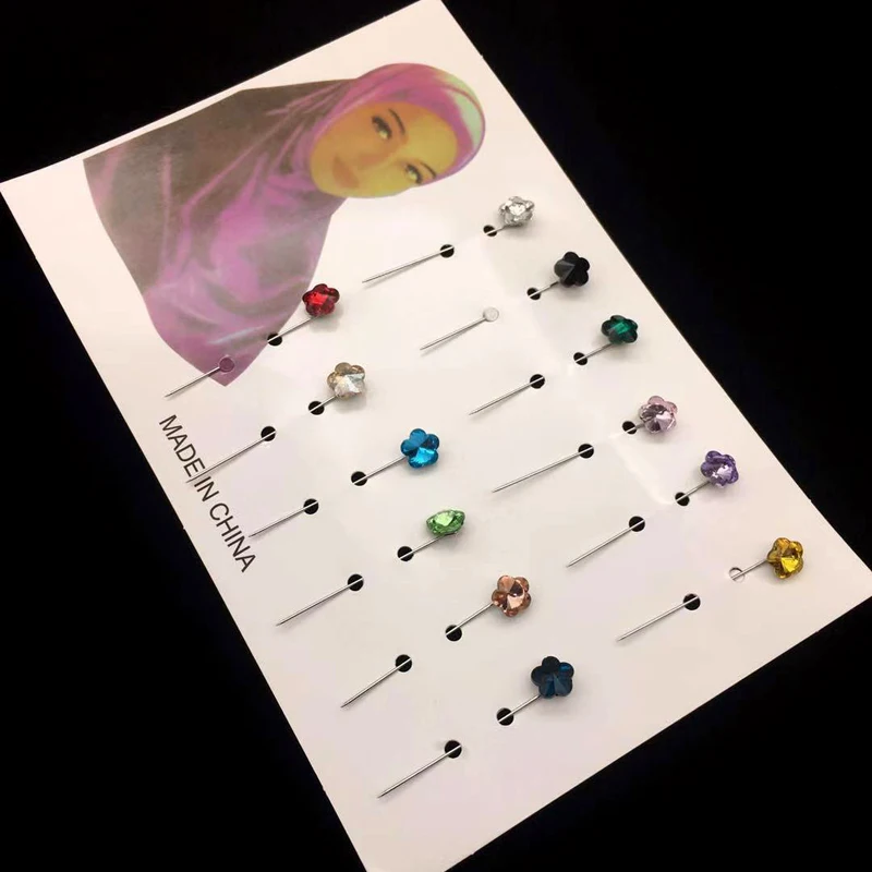 Новейшие хиджаб шпильки 12 шт. цветок кристалл Арабский мусульманский броши для хиджаба булавка для женщин защитная голова шарф шпильки серебро с булавкой