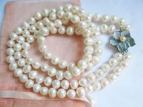 

06338 Details about sea shell clasp white freshwater pearl 2 strands baroque beads necklace