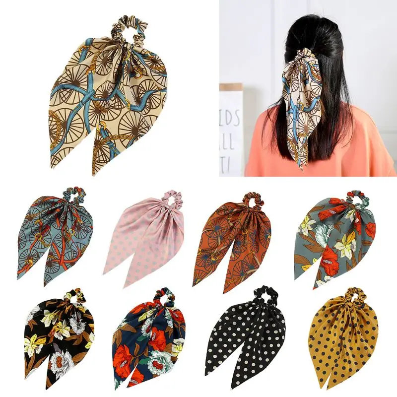 

2In1 Butterfly Bowknot Hair Scrunchies Faux Silk Scarf Hair Tie Polka Dot Floral Retro Ponytail Holder Women Styling Accessories