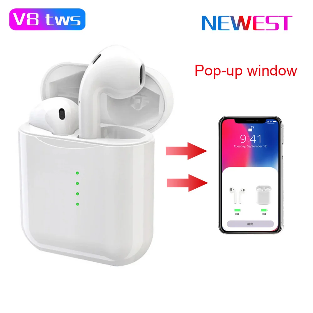 

Original V8 TWS Bluetooth Headset With Pop-ups Window Wireless Bluetooth 5.0 Touch Earphones PK i10 i12 Earphones For iPhone